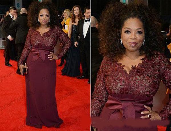 Oprah Winfrey Burgundy Long Sleeves Sexy Mother of the Bride Dresses V-Neck Sheer Lace Sheath Plus Size Celebrity Red Carpet Gowns Sale