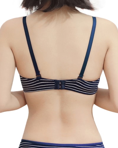 Women Striped Wireless Bra Cotton Thin Padded Push Up Back Closure Bra Brassiere