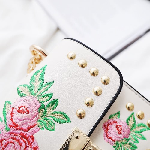 Women Floral Embroidered Shoulder Bag Chain Rivets PU Leather Flap Front Casual Mini Crossbody Bag