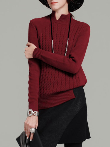 Burgundy Cutout Knitted Casual Slit Turtleneck Sweater