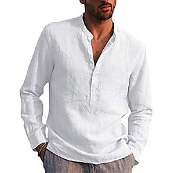 Herren Baumwolle Leinen Henley Shirt Sommer Basic Langarm Strand Tops Casual Loose Fit schlichte feste Hemden