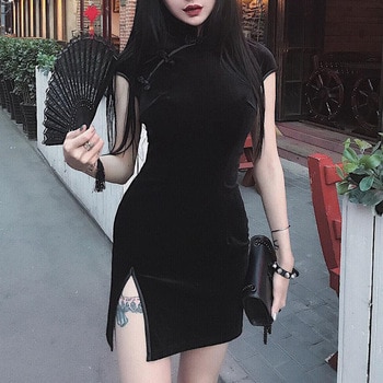 Gothic women's dress cheongsam chinese style skinny mini dress streetwear sexy vintage harajuku summer women clothing slim black
