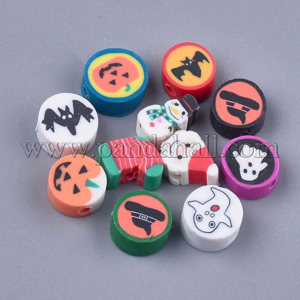 Halloween/Christmas Theme Handmade Polymer Clay Beads, Mixed Shapes, Mixed Color, 9~12x6~12x4.5~5mm, Hole: 1.4~1.5mm