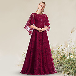 A-Line Elegant Floral Wedding Guest Formal Evening Dress Jewel Neck Short Sleeve Floor Length Lace with Appliques 2021 Lightinthebox