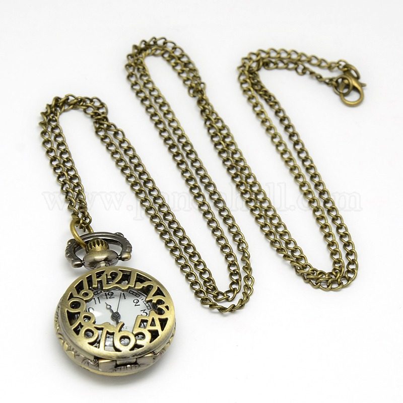 Alloy Flat Round with Number Pendant Necklace Quartz Pocket Watch, with Iron Chains and Lobster Claw Clasps, Antique Bronze, 31.1