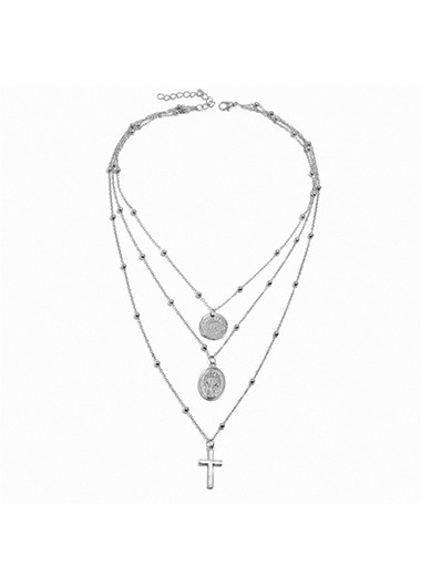 Silver Cross Shape Layered Metal Necklace