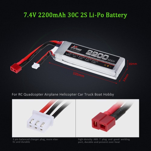 JHpower 7.4V 2200mAh 30C 2S Li-Po Battery with T Plug for RC Car Boat Airplane Helicopter