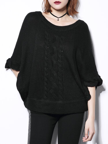 Black Batwing Crew Neck Plain Knitted Sweater