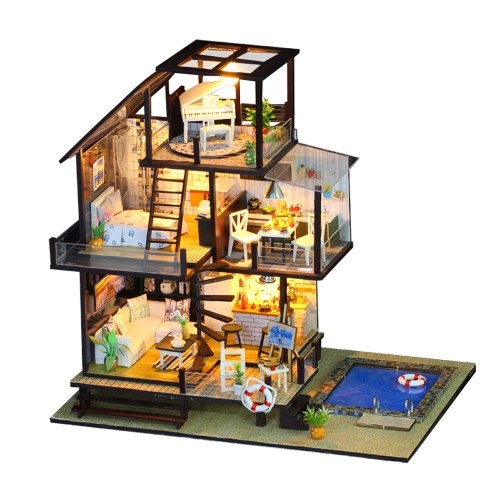 Montieren Sie DIY Ferienhaus Spielzeug Holz Miniatura Kit Puppenhaus Spielzeug mit Möbel Kit LED Light Weihnachtsgeburtstagsgeschenk