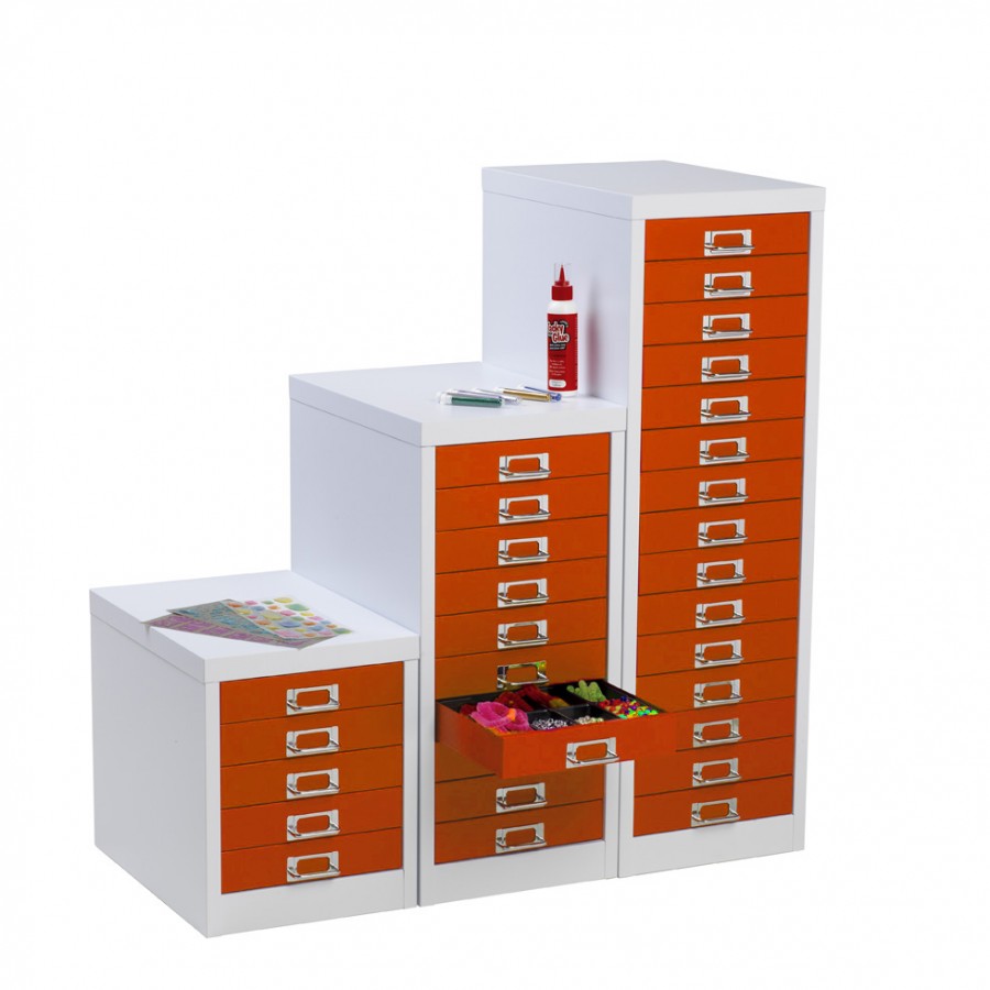 White and Orange Lockable Multi Drawer Cabinet - 15 Drawer