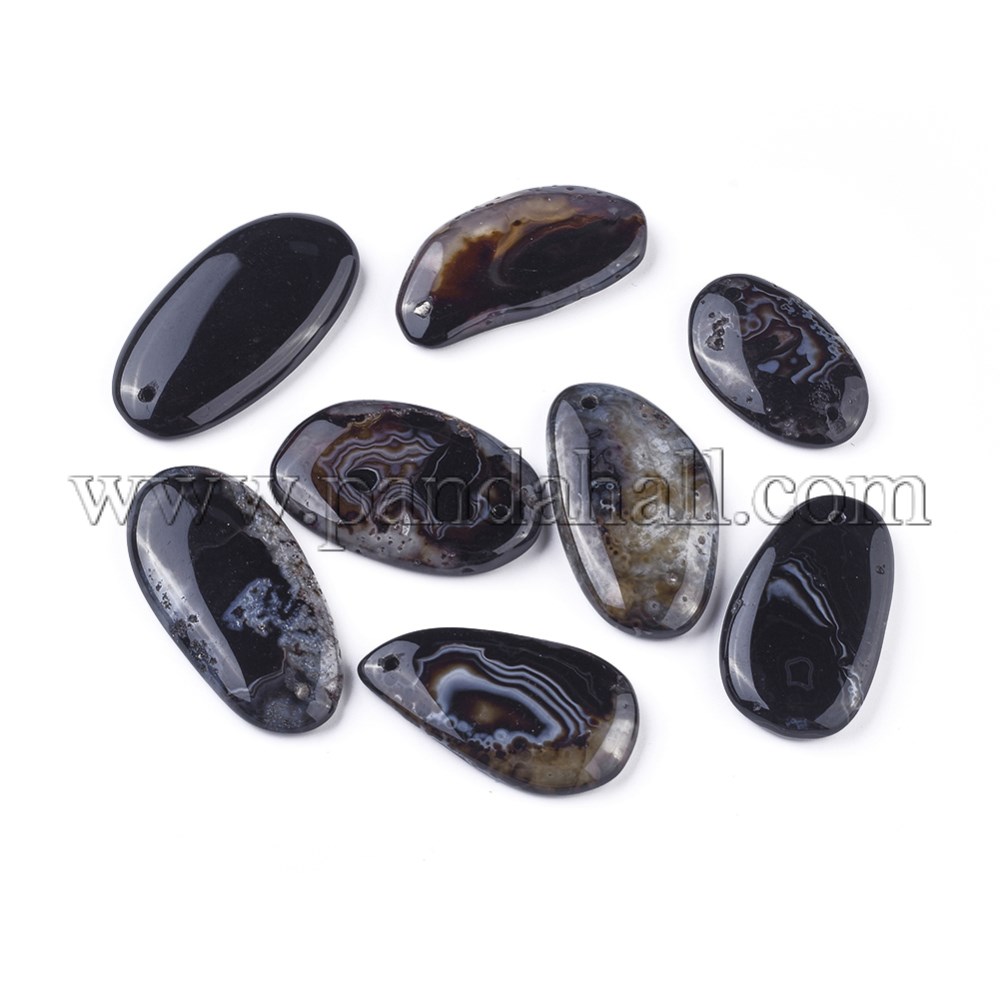 Natural Black Agate Pendants, Dyed & Heated, Mixed Shapes, 40.5~49x21.5~26.5x5.5~6.5mm, Hole: 1.6~1.8mm