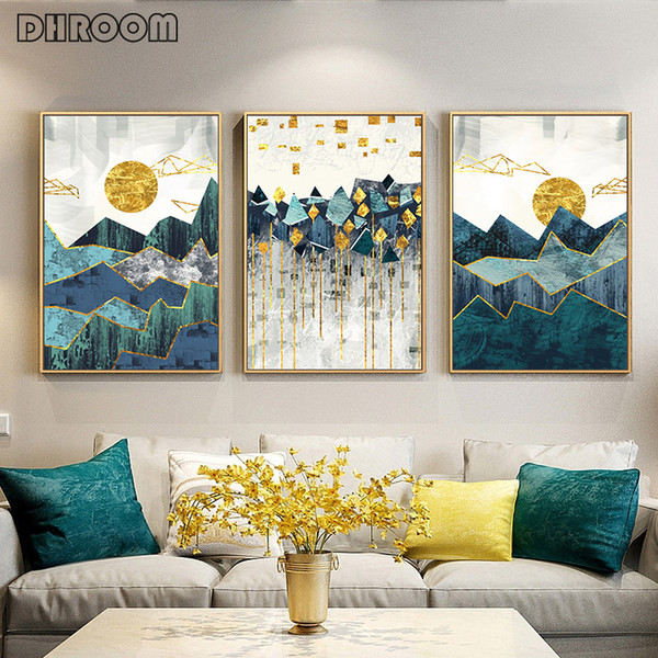 nordic abstract wall art geometric mountain landscape canvas painting golden sun art poster print wall picture for living room