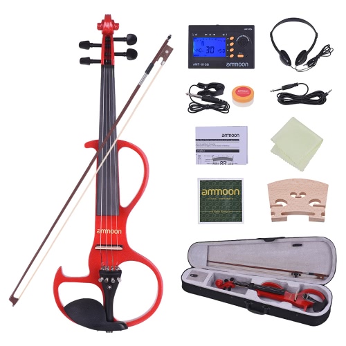 ammoon Full Size 4/4 Solid Wood Electric Silent Violin Fiddle Style-3 Ebony Fingerboard Pegs Chin Rest Tailpiece with Bow Hard Case Tuner Headphones Rosin Extra Strings & Bridge
