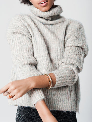 Beige Turtleneck Long Sleeve Metallic Knitted Sweater