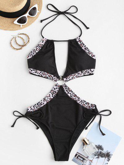 ZAFUL Ribbed Leopard Cutout O Ring One-piece Swimsuit