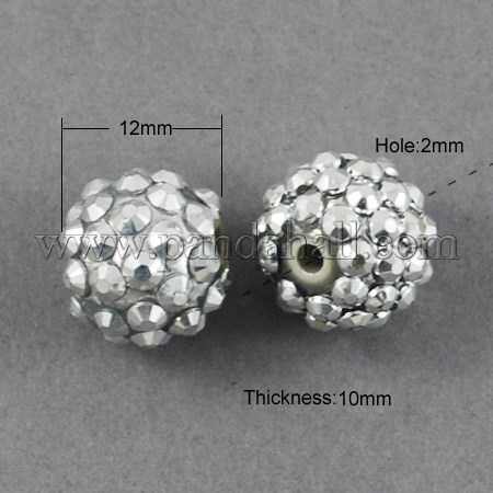 Resin Rhinestone Beads, Round, Silver, 12x10mm, Hole: 2mm