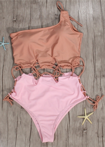 Women Single Shoulder Swimwear One Piece Swimsuit Solid Color Monokini Beach Wear Bathing Suit Pink