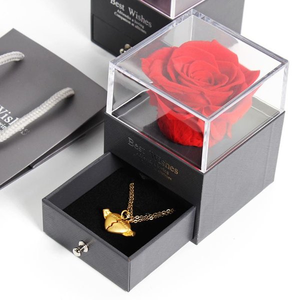 Decorative Flowers & Wreaths Preserved Real Rose Jewelry Box With Necklace Holder Immortal Forever Blossom Wedding Birthday Gift Set For Wom