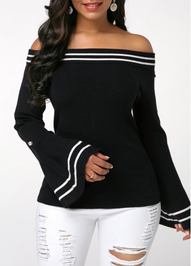 Flare Sleeve Off the Shoulder Striped Black Sweater