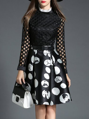 Black Pierced Girly Polka Dots Midi Dress