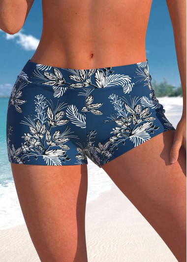 ROTITA Peacock Blue Leaf Print Mid Waisted Swim Shorts