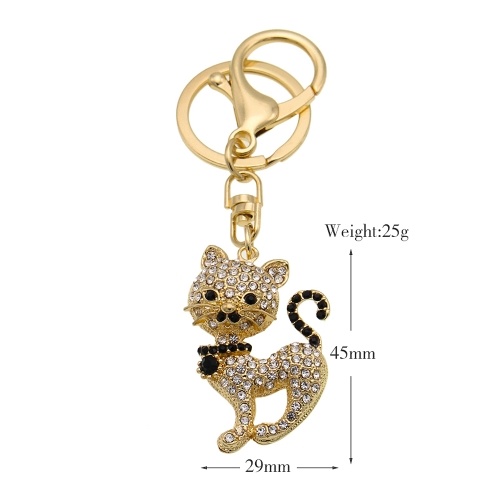 Animal Style Alloy Crystal Rhinestone Key Chain Hollow Shining Key Ring with Clip Hook Handbag Purse Car Pendant Ornament Decor--Cat