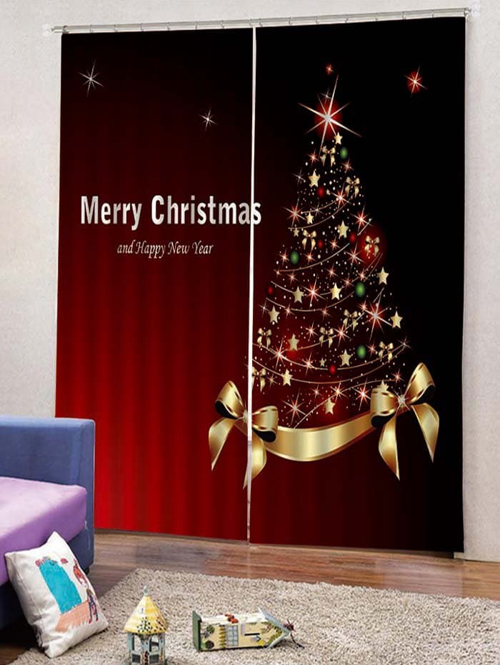 2PCS Merry Christmas Tree Print Window Curtains