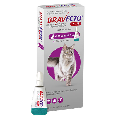 Bravecto Plus For Large Cats 500 Mg (13.75 To 27.5 Lbs) Purple 2 Doses