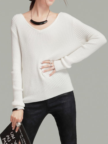 White Casual V Neck Ribbed Sweater