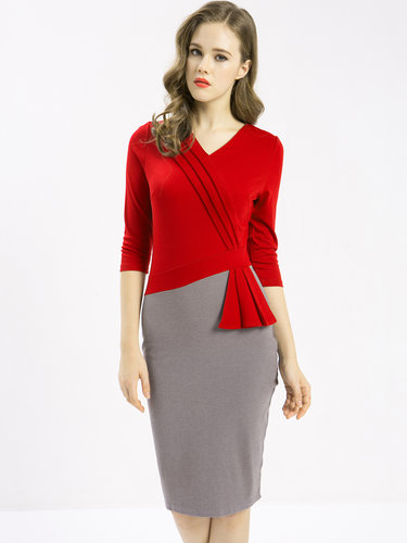 Red 3/4 Sleeve Sheath Elegant Color-block Midi Dress