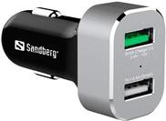 Sandberg Car Charger 1xQC 3.0+1xUSB2.4A - Auto-Netzteil - 3 A - Quick Charge 3.0 - 2 Ausgabeanschlussstellen (USB)