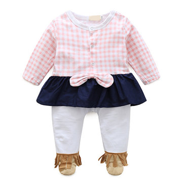 Baby Girls Plaid Round Neck Long Sleeve Romper Jumpsuit
