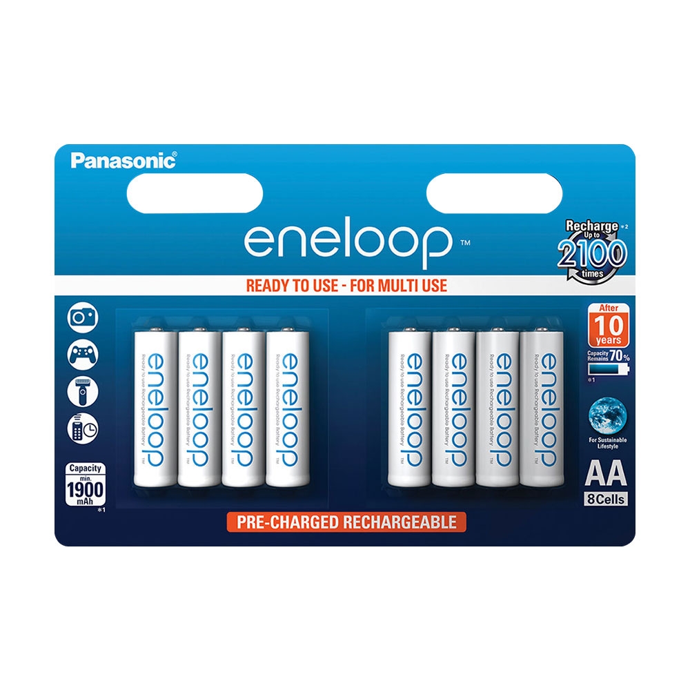 Panasonic ENELOOP Ready to Use AA Rechargeable Batteries Ni-Mh 1900mAh - Value Pack of 8