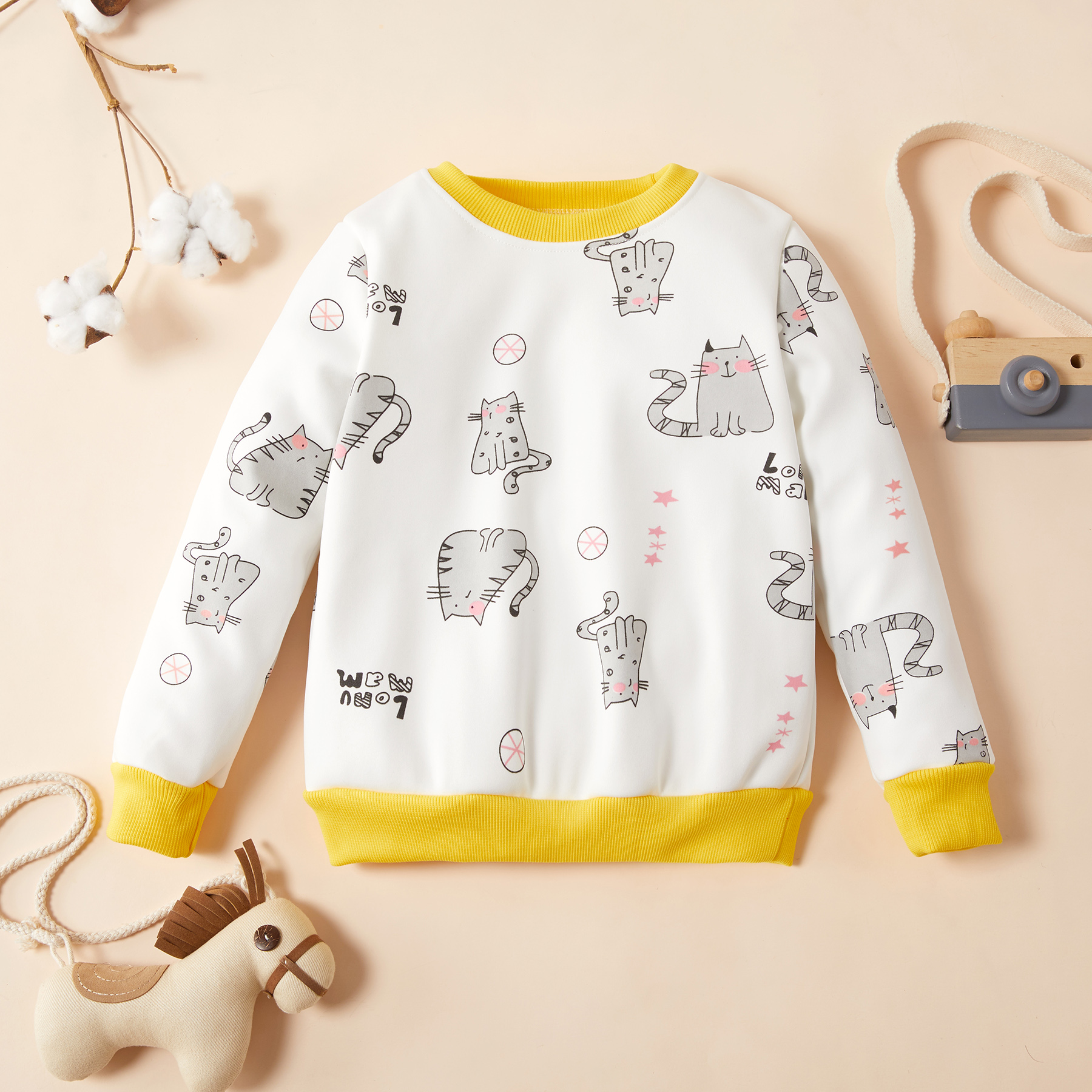 Baby / Toddler Adorable Cat Print Colorblock Pullover