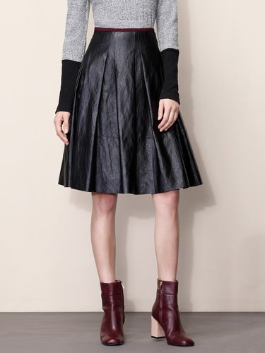 Black Plain Pleated Casual Faux Leather Midi Skirt