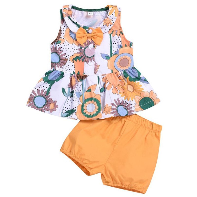 Girl Fresh Sunflower Print Sleeveless Shirt Shorts Suit