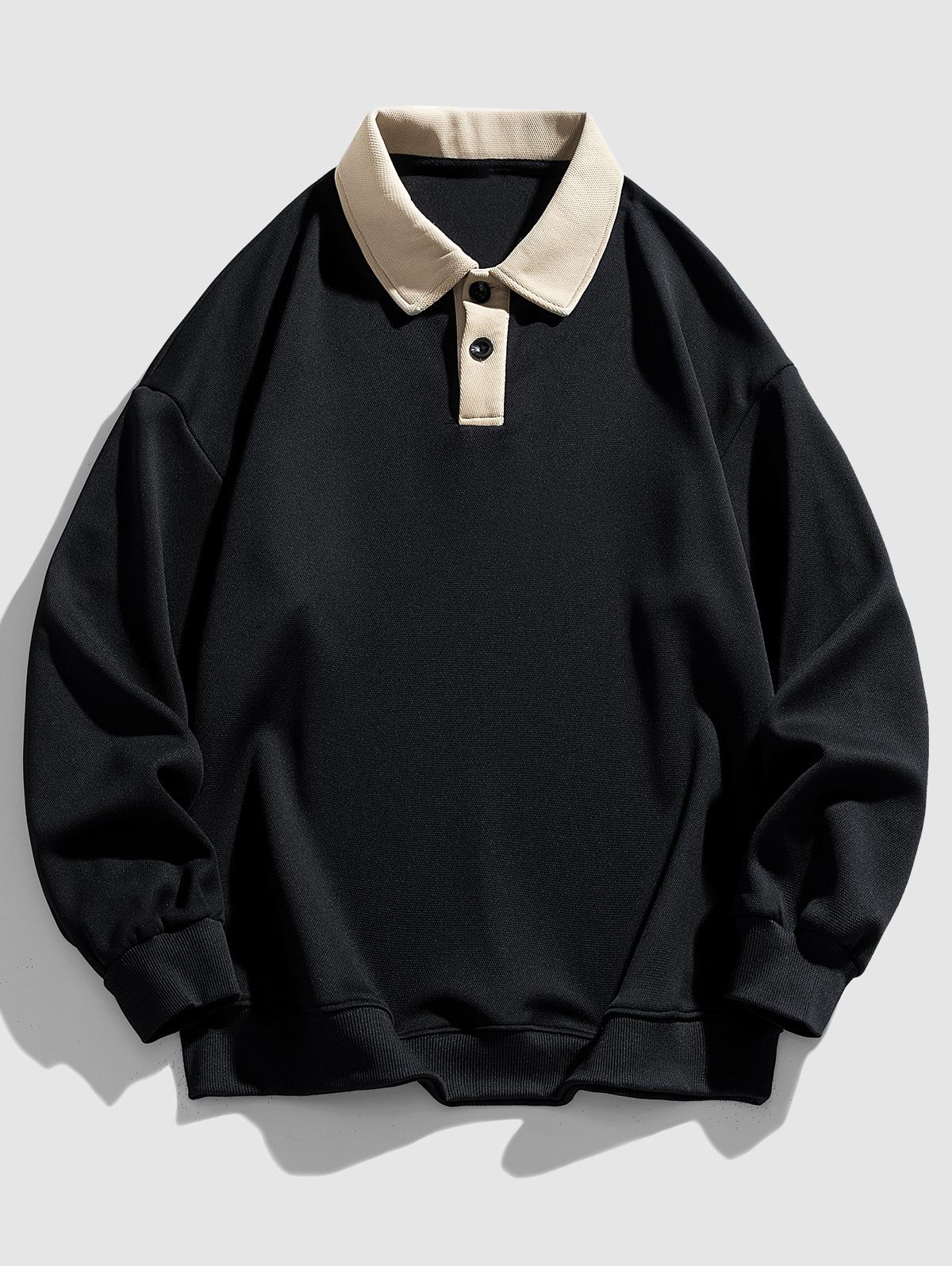 ZAFUL Men's Color Spliced Polo Collar Sweatshirt S Black
