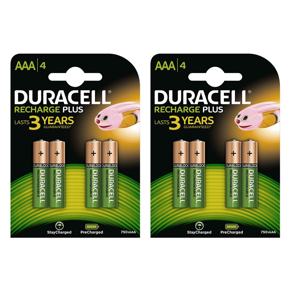 Duracell Rechargeable AAA Recharge Plus Stay Charged HR03 NiMH Batteries 750mAh - Value 8 Pack