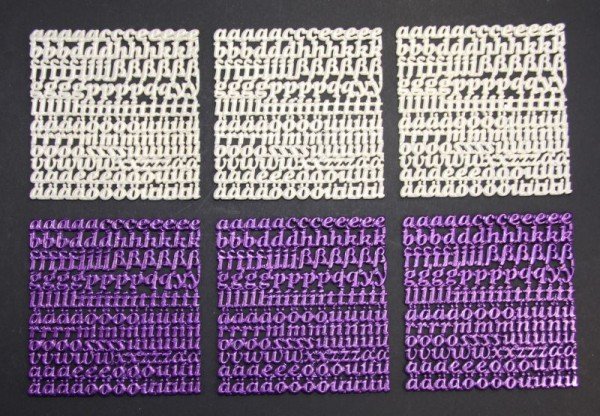 Wachsornament-Platten, Kleinbuchstaben, 6 Stück, perlmutt & violett