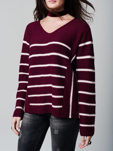 Burgundy Stripes Casual Knitted V Neck Sweater