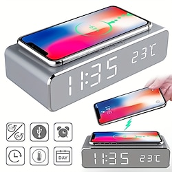 Wireless Charger Time Alarm Clock LED Digital Thermometer Earphone Phone Chargers Fast Charging Dock Station For IPhone 15 14 13 12 Samsung Lightinthebox