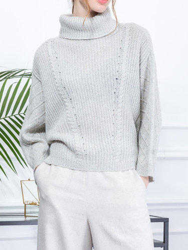 Beige Batwing Turtleneck Plain Knitted Sweater