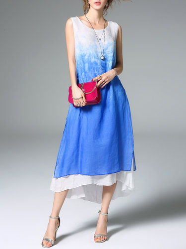 Blue Printed Sleeveless Linen Midi Dress