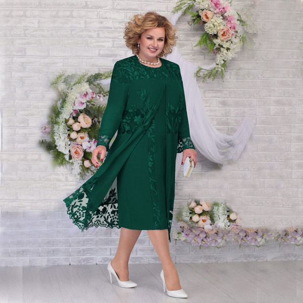 Dark Green Lace Mother Of The Bride Dresses Jewel Neck Long Sleeves Jackets Wedding Guest Dress Tea Length Chiffon Evening Gowns