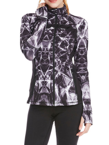 Gray Abstract Printed Stand Collar Zipper Wicking  Jacket