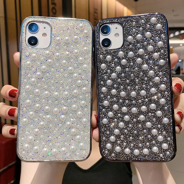 Luxury flash blin diamond pearl Phone Case For iPhone 11 Pro Max XS XR 8 7plus with Chain Lanyard fashion Back Cover Pearl diamond