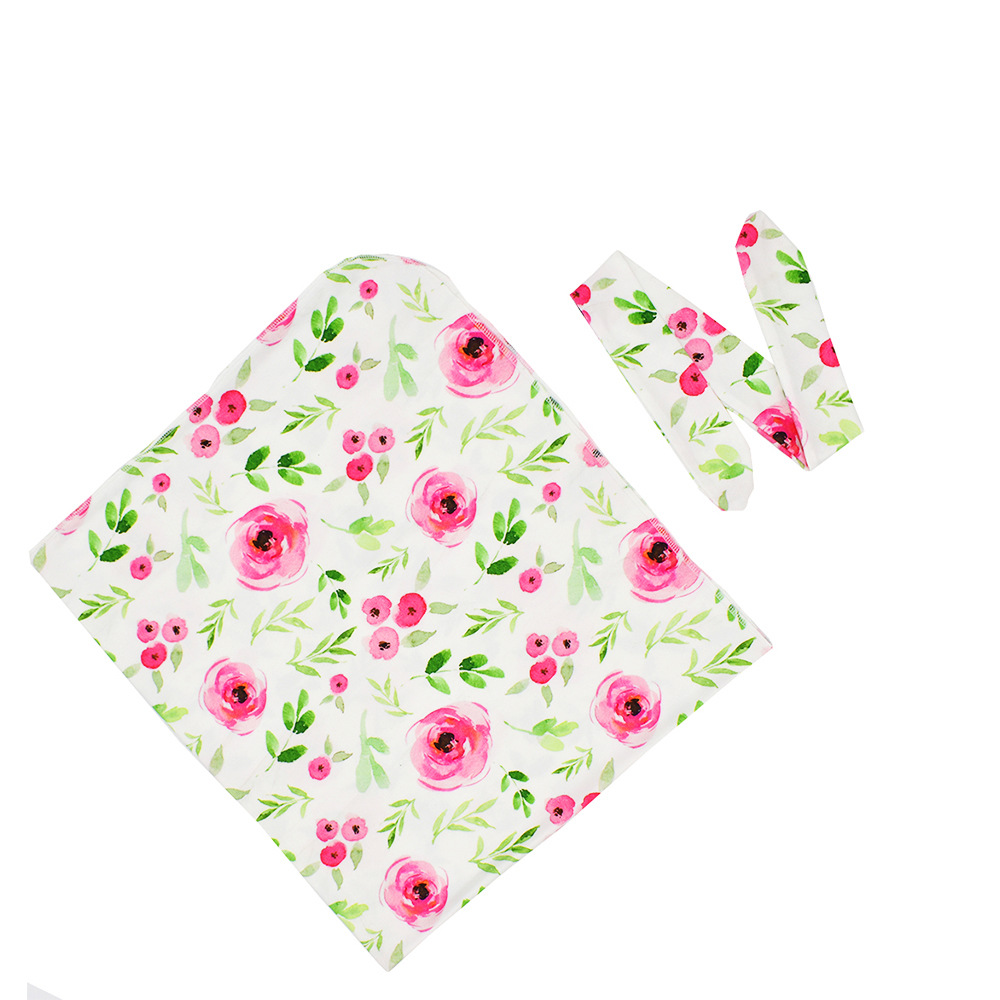 2-piece Full Floral Print Cotton Baby Wrap Blanket and Hairband Set