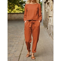 Women's Shirt Pants Sets Active Basic Streetwear Blue Orange Dailywear Vacation Plain Lace up Round Neck Wide leg pants S M L XL 2XL Lightinthebox