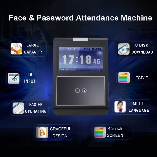 Face & Password Attendance Machine Employee Checking-in Payroll Recorder TCP/IP 4.3 inch HVGA Screen DC 12V Facial Recognition Time Attendance Clock