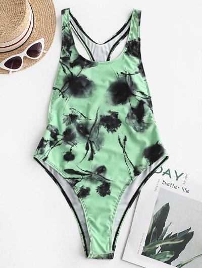 ZAFUL Ink Painting Cutout Racerback High Cut One-piece Swimsuit